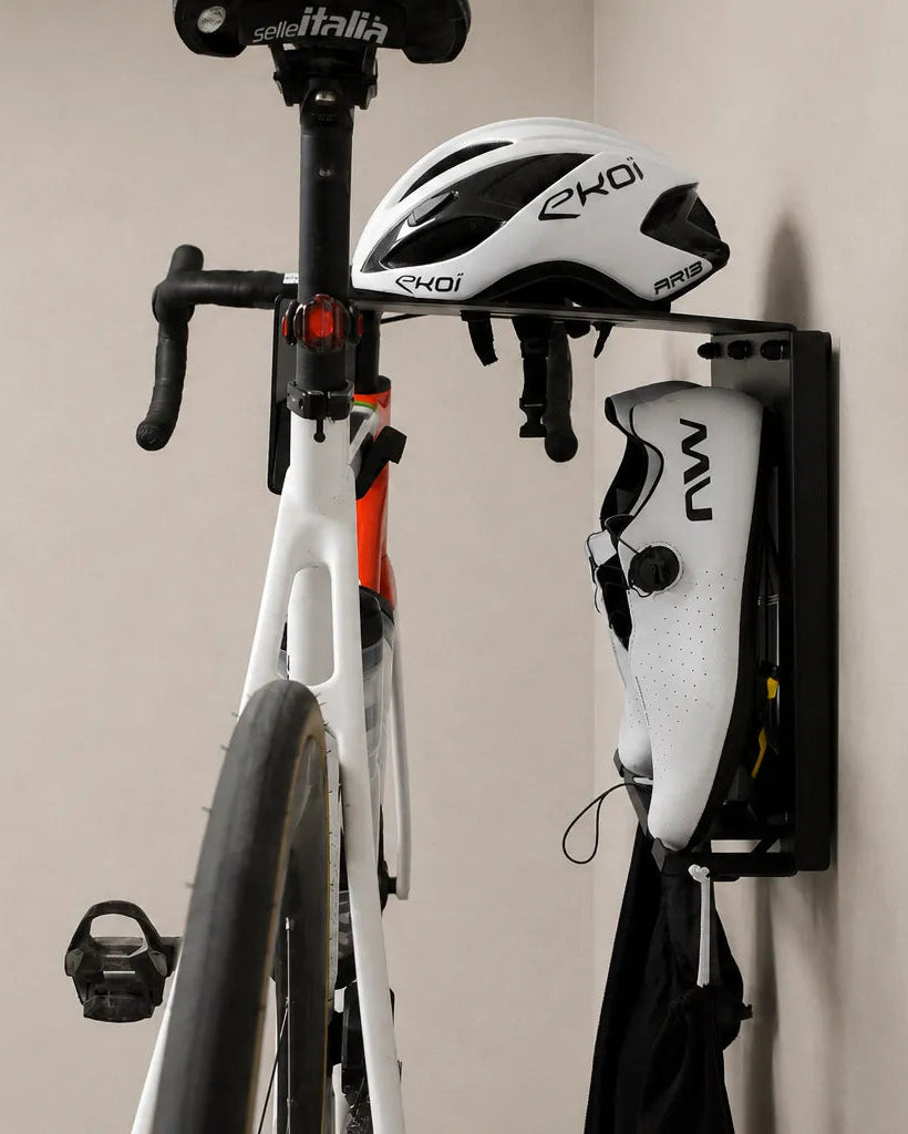 Soporte de pared para bicis premium, color negro texturizado, imagen lateral